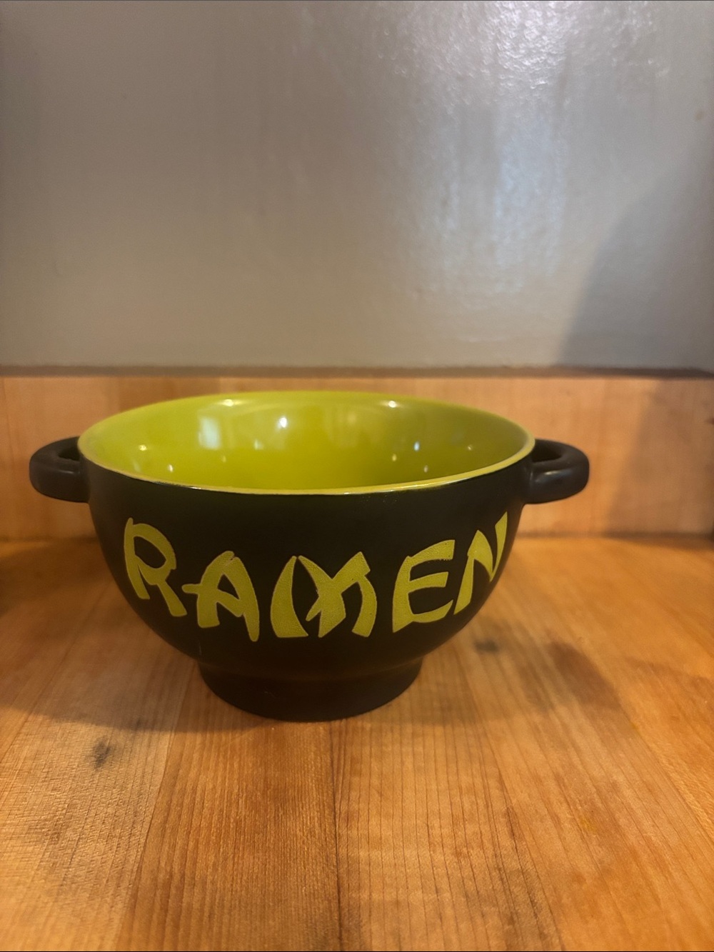 World Market Ramen Bowl with Handles - Black Exterior Avocado Green Interior